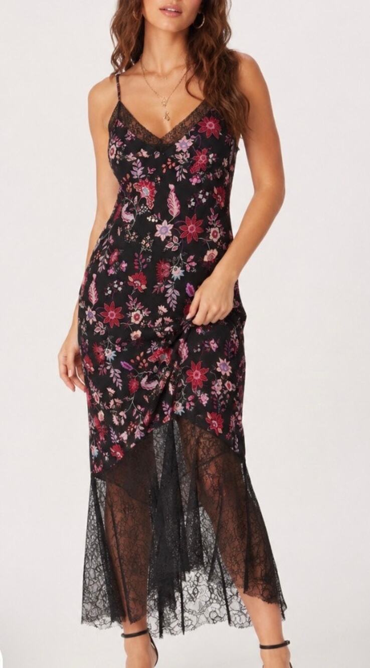 Forever 21 Black Floral Lace Trim Midi Slip Dress Size M Dark Floral Romantic